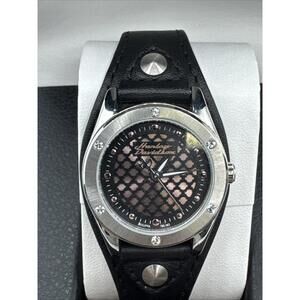 Harley-Davidson Women's Bulova Pink Lace Face Watch 76L163 Black Leather Band